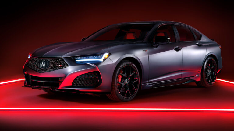 Silver Acura TLX Type S PMC on dark background glowing red