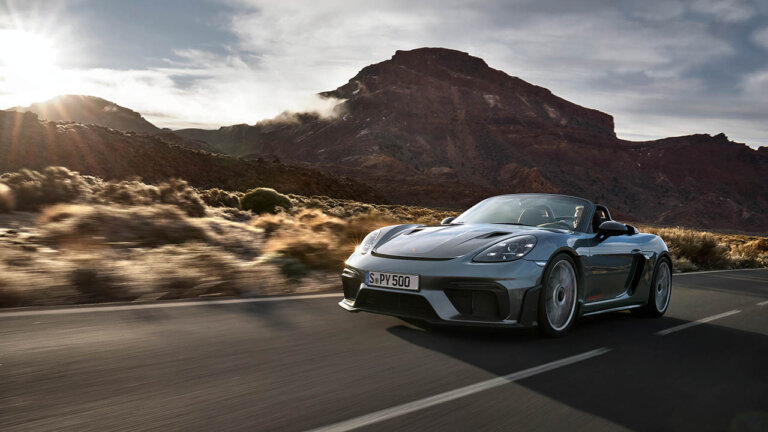 grey porsche 718 spyder in canyon