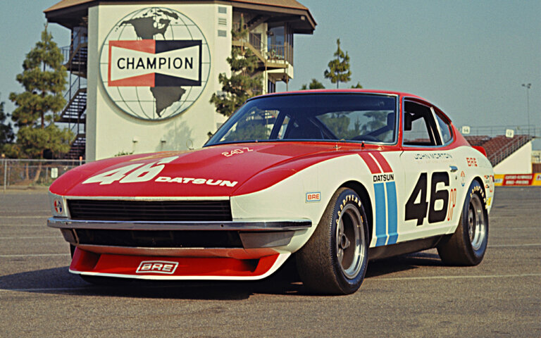 vintage datsun 240z BRE 46 on race track