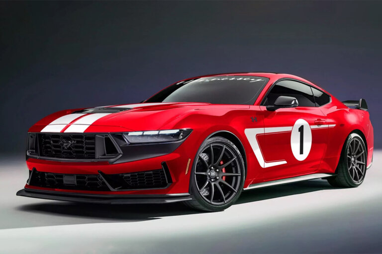 red ford mustang Dark Horse on dark background and white floor