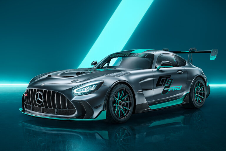 Black Mercedes Benz AMG GT2 Pro on a blue and black background