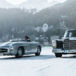 Silver and Black Mercedes Benz vehicles driving snow