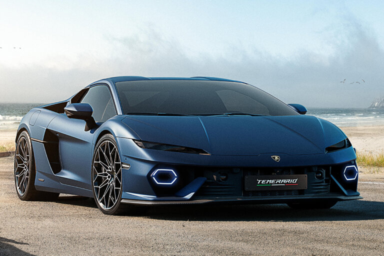 Blue Lamborghini Temerario parked on the sand with blue sky in background