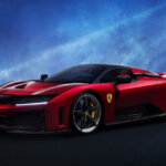 Red Ferrari F80 parked in a room with a blue background and a spotlight and smoke in background