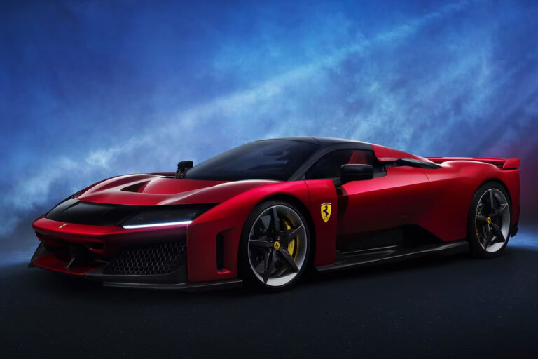 Red Ferrari F80 parked in a room with a blue background and a spotlight and smoke in background