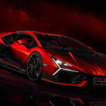 Red Lamborghini Revuelto Opera Unica parked on a stage with the reflection showing on the ground with red background.